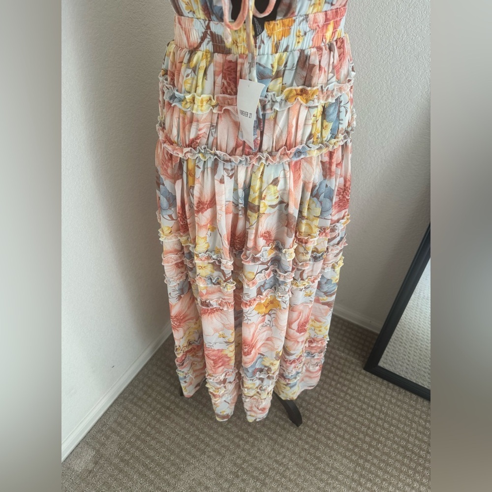 Forever 21 Floral Maxi Dress Small Tiered Ruffle Boho Pastel Sleeveless size S - Picture 7 of 10